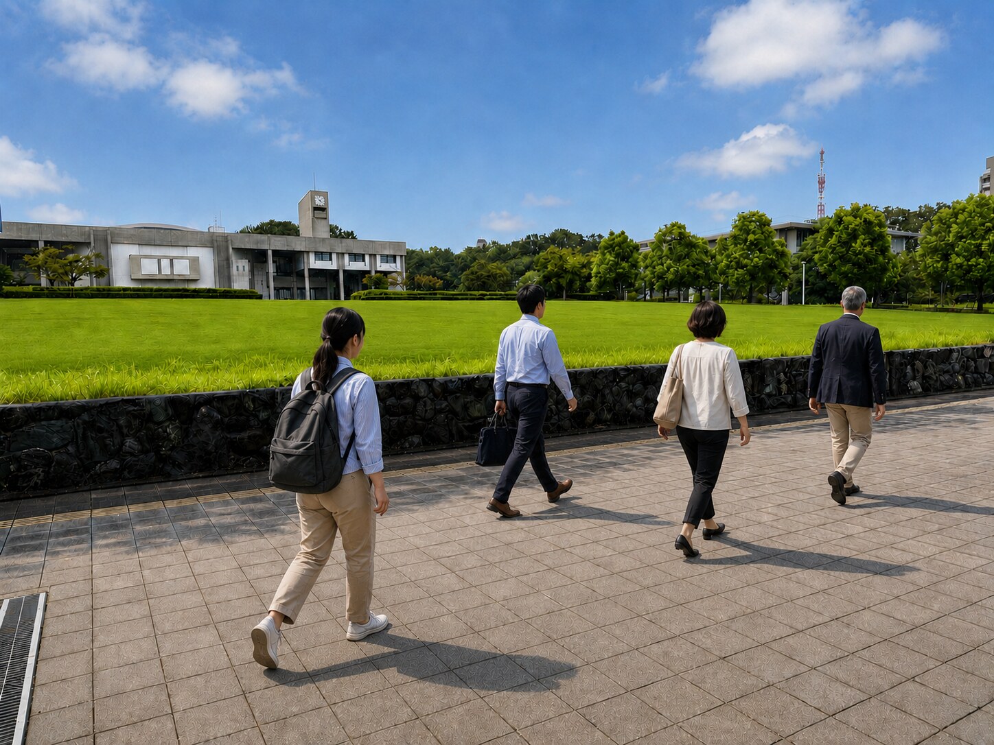晴れた名古屋大学構内を歩く学生と教職員